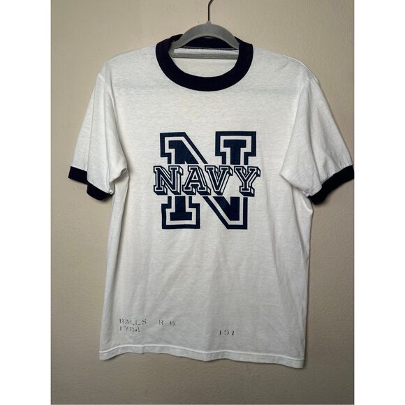 Vintage 90s US NAVY ringer T-Shirt sz Large - navy and white - Picture 1 of 10